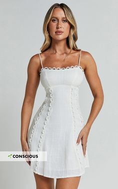 Gelli Mini Dress - Strappy Lace Detail Dress in White Graduation Dress White, White Denim Dress, Basic Black Dress, Neon Outfits, Bachelorette Dress, Spring Maxi Dress, Navy Bridesmaid Dresses, Cut Out Dress, Sparkle Dress