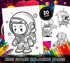 kids's space coloring pages with an astronaut in the background and colorful pencils