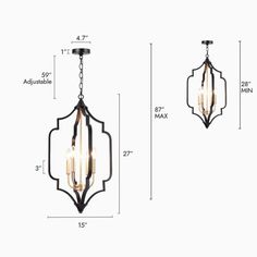 three light chandelier hanging from the ceiling with measurements for each bulb and size