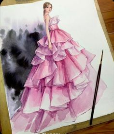 a drawing of a woman in a pink dress