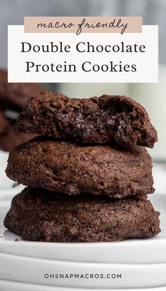 double chocolate protein cookies stacked on top of each other with the title text overlay