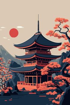 a painting of a pagoda in the middle of trees and mountains with red sun behind it