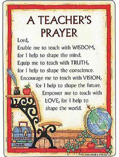 a teacher's prayer card with an image of a desk and globe on it