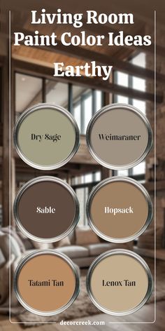 The image presents earthy living room paint color ideas with six paint swatches. The colors featured are Dry Sage, Weimaraner, Sable, Hopsack, Tatami Tan, and Lenox Tan. The background shows a cozy living room with a warm, rustic design, complementing the natural, earthy tones of the paint options. Sherwin Williams Sable, Tan Walls Living Room, Cabin Paint Colors, Natural Paint Colors, Rustic Paint Colors, Sage Color Palette, Tan Paint Colors, Dry Sage, Warm Tone Colors