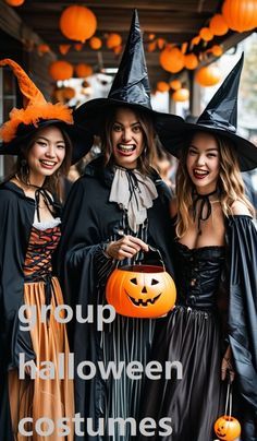 three girls dressed up in halloween costumes and holding pumpkins with the words group halloween costumes