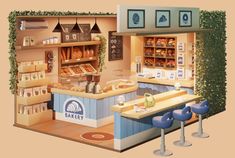 an illustration of a bakery with blue stools