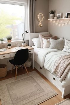 a bedroom with a bed, desk and window