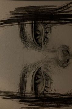 two eyes are shown in black and white, one is drawn with graphite on paper