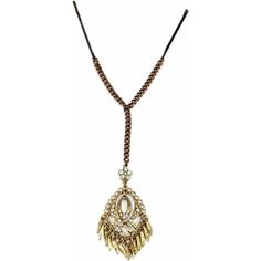 a long necklace with gold and white beads hanging from it's center, on a black cord