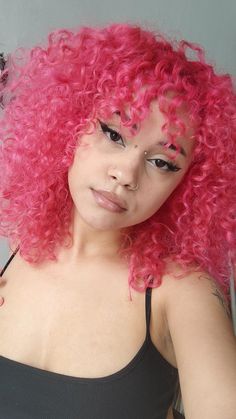 Pink On Curly Hair, Short Pink Curly Hair, Pink Dyed Curly Hair, Pink Hair Curly, Pink Afro, Pink Curly Hair Black Women, Pink Afro Hair, Hot Pink Curly Hair