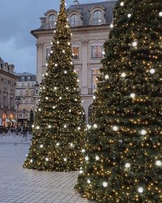 three christmas trees in the middle of a plaza with lights on them and people walking by