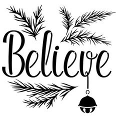 the word believe hanging from a pine branch with an ornament on it's tip