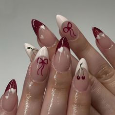 Paznokcie Hello Kitty, Bow Nail Designs, Bow Nail Art, Nagellack Trends, Cherry Nails, Easy Nails, Her Nails, Red Nail Designs