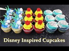 disney inspired cupcakes are displayed on a black surface with the words, disneyland inspired cupcakes