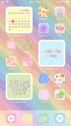 an iphone screen with various stickers and text on the bottom right corner, including don't worry about things you cant control