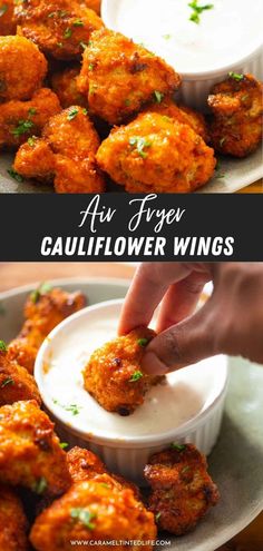 collage of buffalo cauliflower and dip images Air Fryer Cauliflower Wings, Air Fryer Vegan, Veg Crispy, Vegan Cauliflower Wings, Buffalo Cauliflower Wings, Party Sides