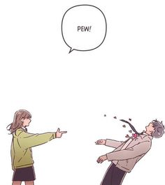 a woman is pointing at a man with a speech bubble above her head that says pew