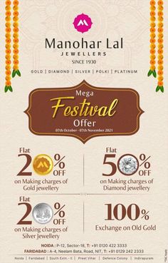 MANOHAR LAL JEWELLERS presents "EXCLUSIVE FESTIVE OFFER!" Flat 20% Off on Making Charges of Gold Jewellery Flat 20% Off on Making Charges of Silver Jewellery Flat 50% Charges on Diamond Jewellery 100% Exchange on Old Gold Validity- 7th October'21 - 7th November'21 Let's Make this Festive Season Happier & Exciting with Amazing Offers! Kindly contact us @0120 4223333 for more details. #manoharlal #manoharlaljewellers #specialoffer #offers #festiveoffer #FestiveSeason #festivevibes #diwali #f Advertising Campaign Design, Diwali Jewellery, Diwali Offer, Caricature Wedding, Digital Advertising Design, Campaign Design, Festival Shop, Jewelry Website, October 21