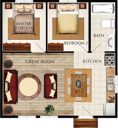 the floor plan for a two bedroom apartment with an attached bathroom and separate living room