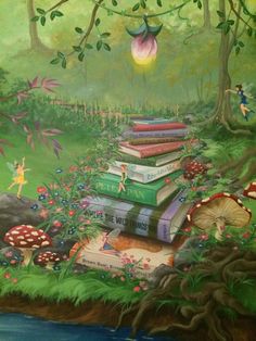 this is a painting of books in the woods with mushrooms and fairy characters on them