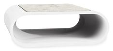 a white coffee table with a marble top and curved base, on a white background