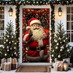 a door decorated with christmas decorations and santa clause standing in front of a large display of presents