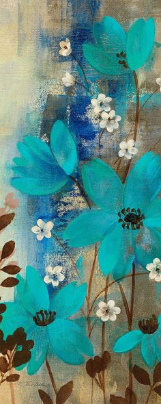 an abstract painting with blue flowers and leaves