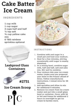 a recipe for cake batter ice cream with instructions on how to make it in the microwave