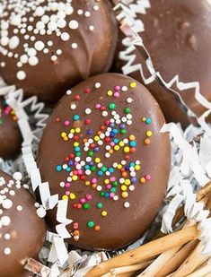 chocolate covered donuts with sprinkles in a basket