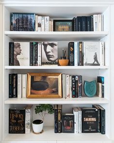 a white book shelf filled with books next to a potted plant and framed photograph