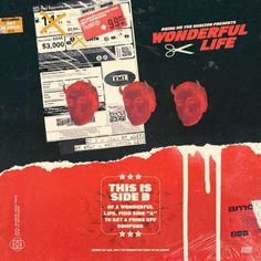 an advertisement for the wonderful life show with red and black paper, scissors and stickers