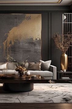 an elegant living room with black walls and gold vases on the coffee table in front of it