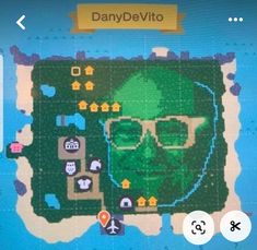 a screen shot of a map with an image of a man in glasses on it