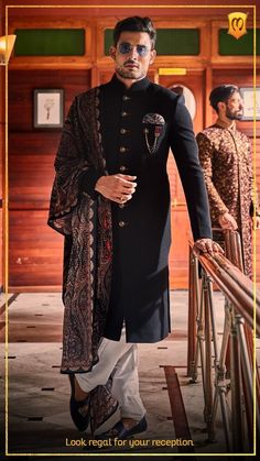 Shaadi Sherwani For Men, Indowestern With Shawl For Men, Reception Clothes For Men, Night Reception Dress Indian, Reception Outfit For Men Indian, Black Sherwani With Shawl For Men, Navabi Sherwani, Indian Groom Reception Outfit For Men, Reception Wear For Men