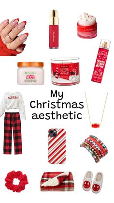 the words, my christmas aesthetic are surrounded by various items that include red and white plaid pants