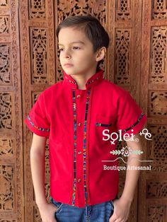 Beautiful Traditional Guayabera for Boys. This elegant button up Shirt is perfect for a special occasion such as First Communion, Baptism, Weddings, etc. Traditional Festive Short Sleeve Shirt, Traditional Short Sleeve Festive Shirt, Festive Cotton Short Sleeve Shirt, Festive Short Sleeve Cotton Shirt, Casual Red Shirt For Festivals, Traditional Fitted Shirt With Buttons, Traditional Button Tops For Summer, Traditional Cotton Shirt With Button Closure, Traditional Red Short Sleeve Shirt