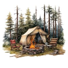 a drawing of a tent in the woods with chairs around it and a fire pit