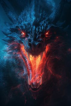 a close up of a dragon face with red eyes and flames on it's head