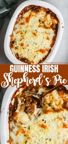 guinness irish shepherd's pie on a white plate with the words guinness irish shepherd's pie