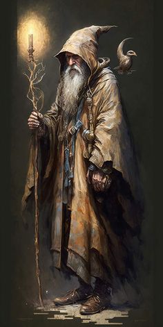 a painting of an old man with a long beard holding a stick and a candle