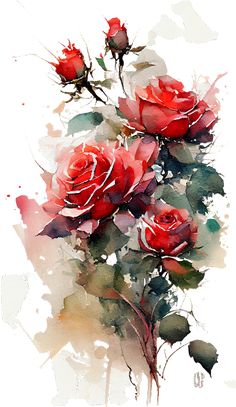 watercolor painting of red roses on white background