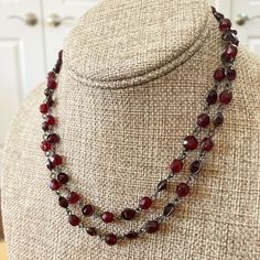 Formal Red Beaded Necklace, Red Wire Wrapped Beaded Necklace For Gift, Handmade Burgundy Jewelry For Parties, Red Garnet Round Beads Jewelry, Red Garnet Jewelry With Faceted Beads, Red Ruby Necklace For Festive Occasion, Vintage Red Beaded Necklace For Festive Occasions, Elegant Red Wire Wrapped Necklace, Adjustable Garnet Red Jewelry