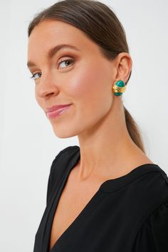 Inspired by our love of outfit-making jewels, the Tuckernuck Jewelry Collection has something for everyone. From those perfect gold daytime hoops and link bracelets to bold, bright earrings and chunky necklaces, these are the additions that will truly complete all your looks.The Malachite Baldwin Studs bring an unexpected twist to any look. Vintage inspired, these unique earrings combine richly hued green stones wrapped in a gold-plated ruched center casting. With an eye for detail, the post pla Chic Green Hoop Jewelry, Bright Earrings, Chunky Necklaces, Green Stones, Malachite Stone, Stone Wrapping, Cocktail Attire, Outfit Making, Stone Gold