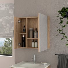 a bathroom with a sink, mirror and wooden cabinet above it's counter top