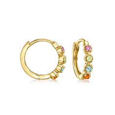 Ross-Simons - .26ct t. w. Multi-Gemstone Huggie Hoop Earrings in 14kt Yellow Gold. 1/2". RS Pure. Modern designs that complete your outfit and complement your personality. Here's some confetti for your ear party! These dainty huggie hoops glimmer with .26 ct. t. w. rhodolite garnet, Swiss blue topaz, citrine and peridot rounds in simple 14kt yellow gold settings. Hanging length is 1/2". Hinged post, multi-gemstone huggie hoop earrings. Peridot birthstones are the perfect gift for August birthday Jewelry Presentation, Peridot Birthstone, Gemstone Hoop Earrings, August Birthday, Ear Party, Fine Jewelery, Yellow Gold Setting, Citrine Stone, Yellow Stone