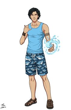 a drawing of a man in blue shirt and shorts with his hand on his hip