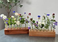 two wooden planters with flowers in them on a table