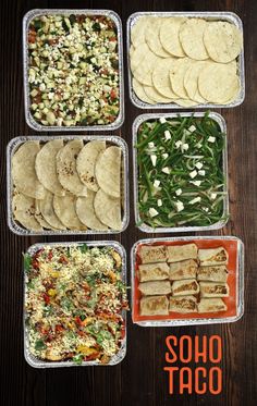 six containers filled with different types of food on top of a wooden table next to each other