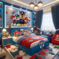 a child's bedroom decorated in blue, red and white with paw patrol wallpaper