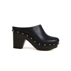 Studded Sock Boots, Roller Skating Clogs & Mules, Black Platform Clogs For Fall, Black Platform Clogs With Round Toe, Black High Heel Clogs With Leather Sole, Black Slip-on Clogs With Rubber Heel Cap, Black Clogs With Wooden Block Heel, Black Clogs With Rubber Sole And Block Heel, Black Mules With Rubber Heel Cap